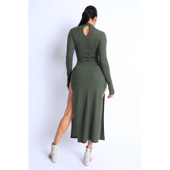 Women's Hacci Mock Neck Long Sleeves Double Slits Maxi Dress Olive S M L - Picture 8 of 10